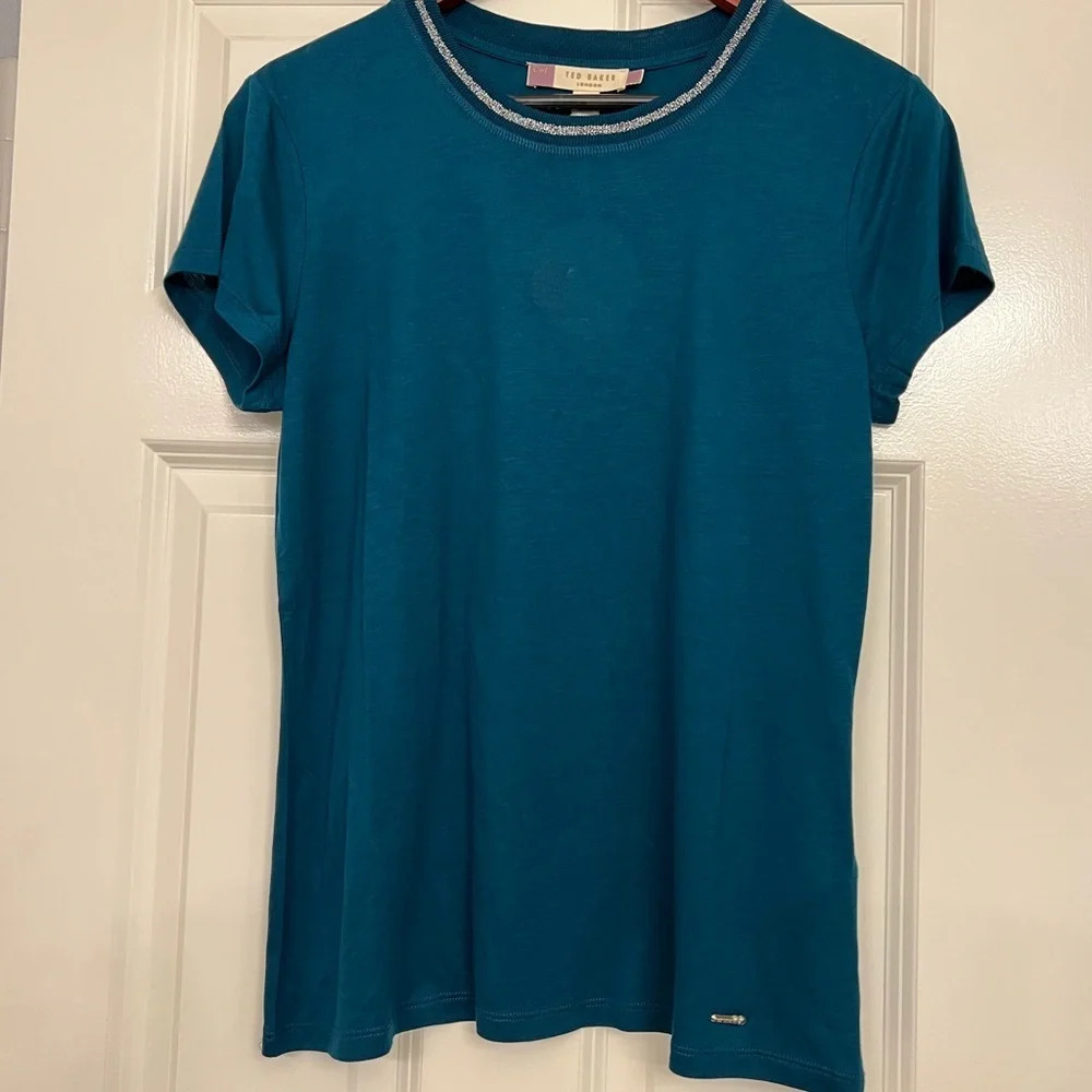 NWT TED BAKER Color By Numbers Jersey Lurex Teal Short Sleeve Women’s Tee Size 3